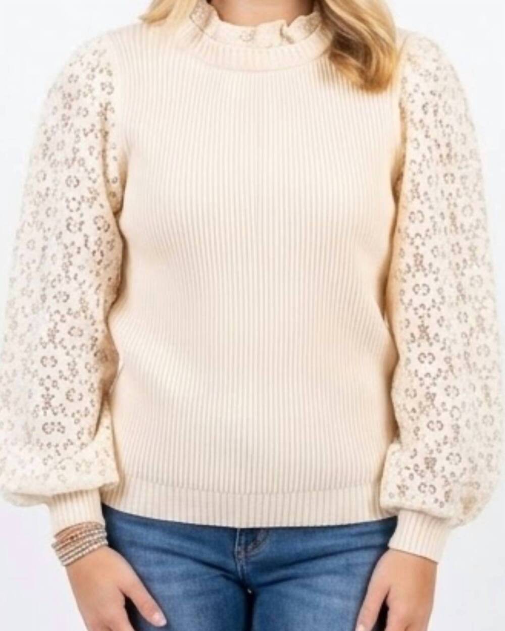 NEW ANNIEWEAR lace sleeve ribbed sweater in cream